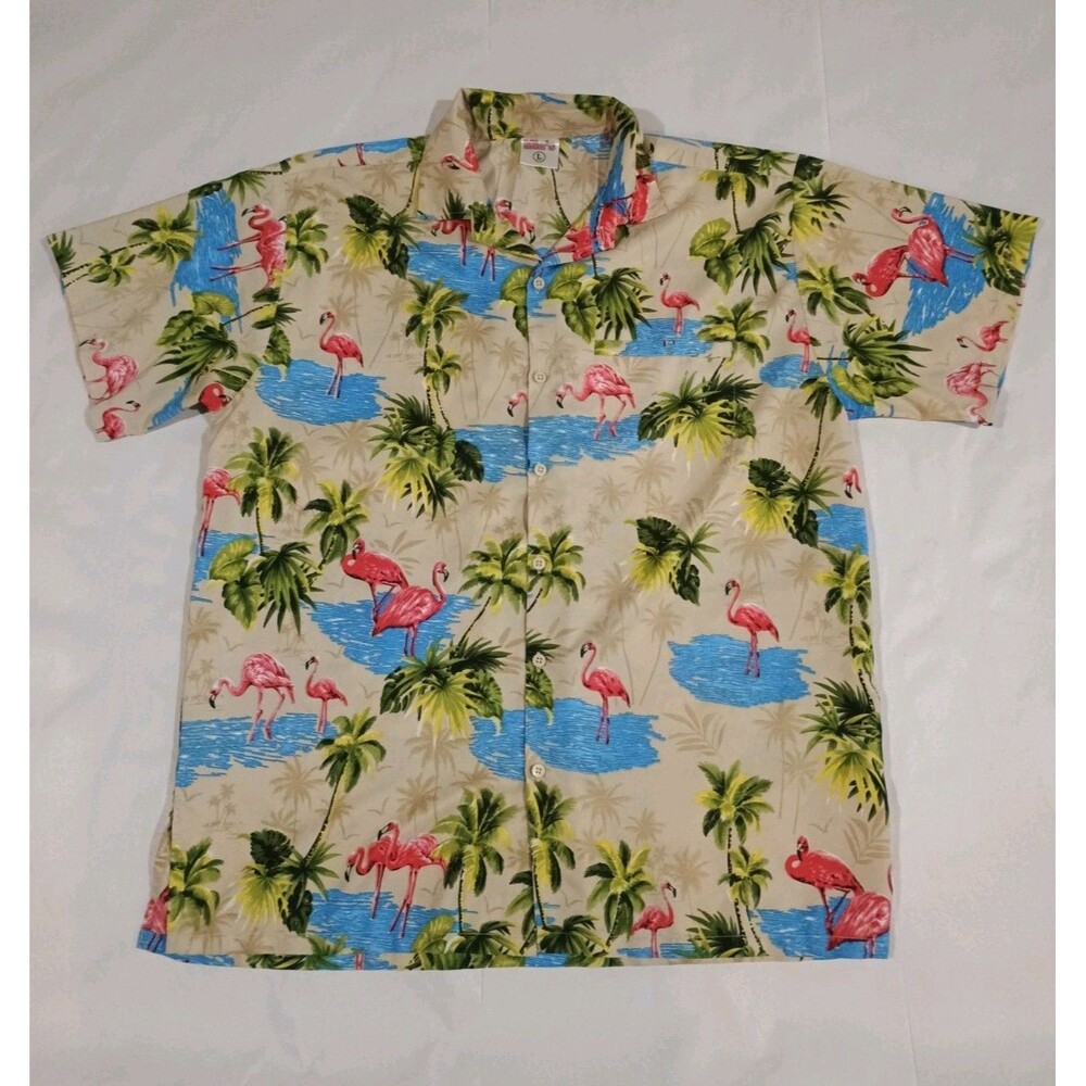 Mia's Caribbean Men's Hawaiian Shirt Large Flamingo Palm Tree Terivoile Aloha